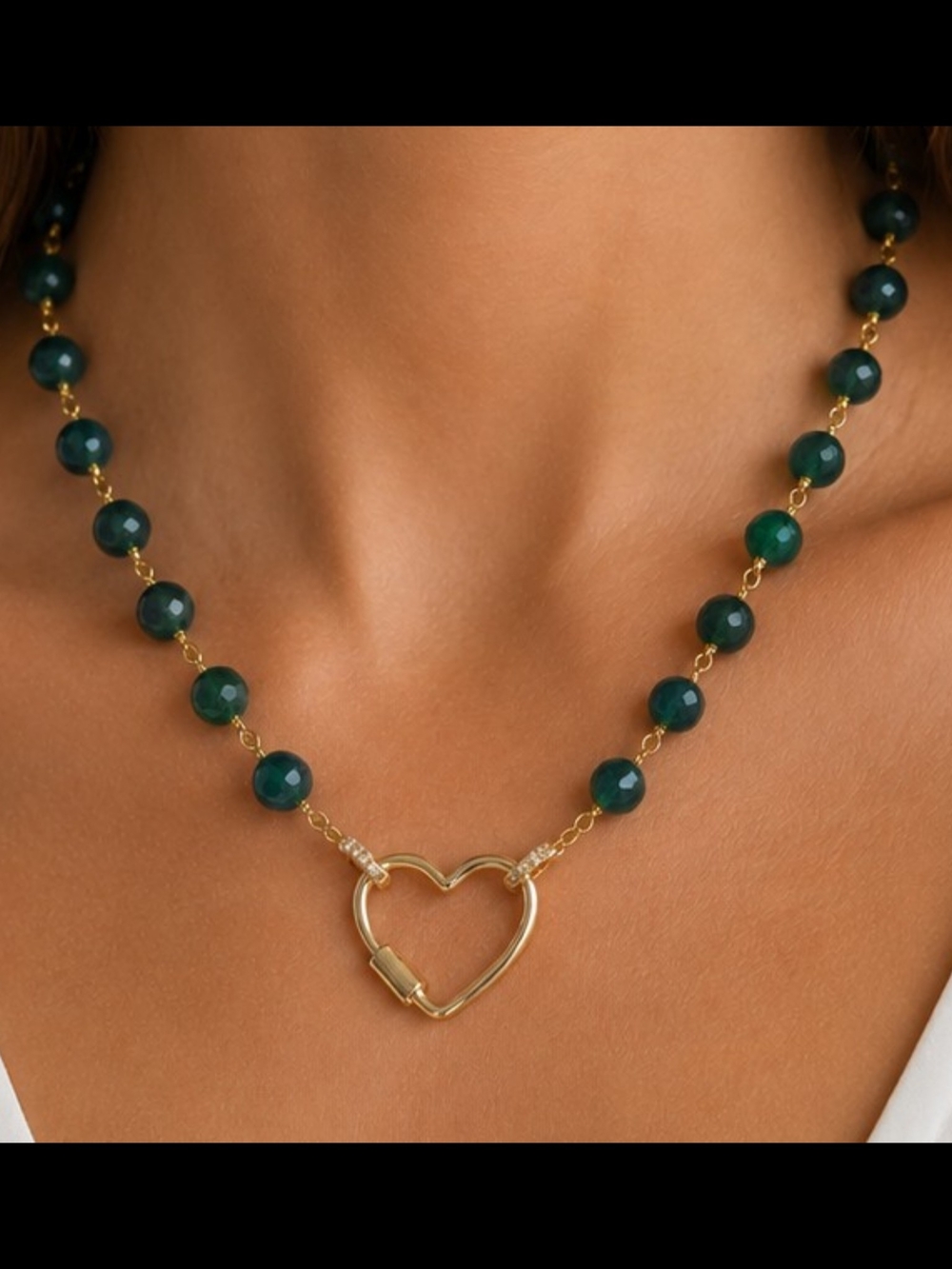 Emerald Green Jade Heart Carabiner Necklace 24K Gold Plated 17"+2" Charm Ready